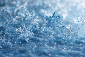 Close-up of sparkling ice snowflakes on light blue snowy background, floating crystals with bokeh, frosty winter texture, cold pastel tones, shallow depth of field, Copy space for banner