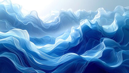 An abstract digital rendering featuring flowing blue waves cascading across the frame, resembling layers of ethereal fabric