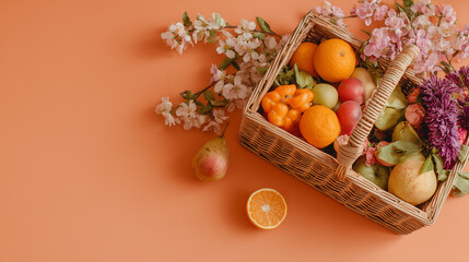 Minimal fall flatlay with wicker basket, fruit, and flowers on orange