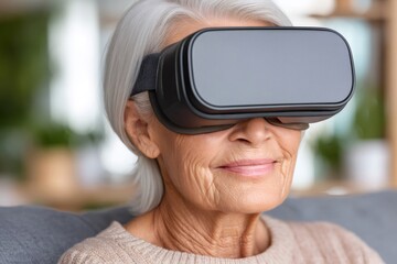 Senior woman experiencing virtual reality with a headset