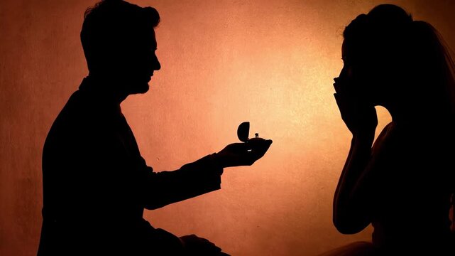Romantic silhouette of man proposing to woman with engagement ring &mdash; love and wedding concept