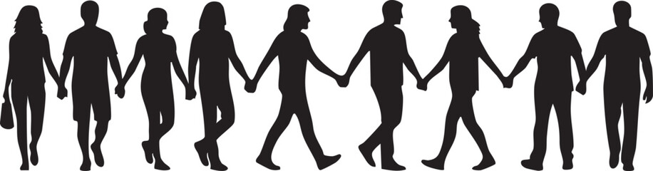 Diverse Couples Walking Hand In Hand Silhouettes Isolated Flat Element Minimal Design
