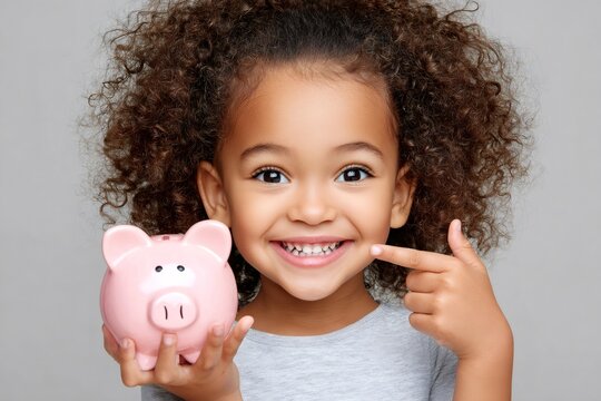 Happy child pointing at piggy bank saving money