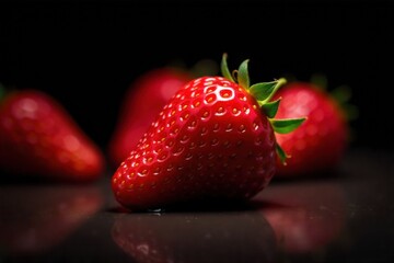 A single perfect strawberry, glistening with juice, representing peak ripeness and delectable, unadulterated freshness. Extreme close up of a single, perfectly ripe strawberry. Its surface is