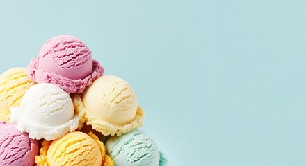 A pile of colorful ice cream scoops on a blue background