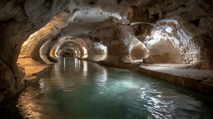 Underground river tunnel glowing with mineral reflections along smooth stone surfaces