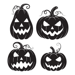 Obraz premium Four black silhouette jack o lanterns with carved faces and curly stems on white background halloween 1