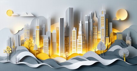 Papercraft cityscape. Golden light emanates from buildings, contrasting with gray mountains, creating serene nighttime scene. Minimalist design.
