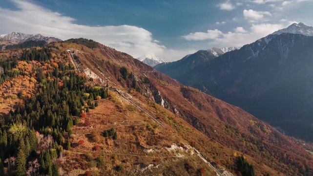 Aerial view panorama of yellow autumn forest in Almaty