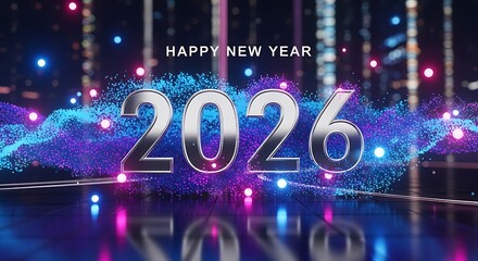 Happy New Year 2026 celebration with futuristic city background illustration