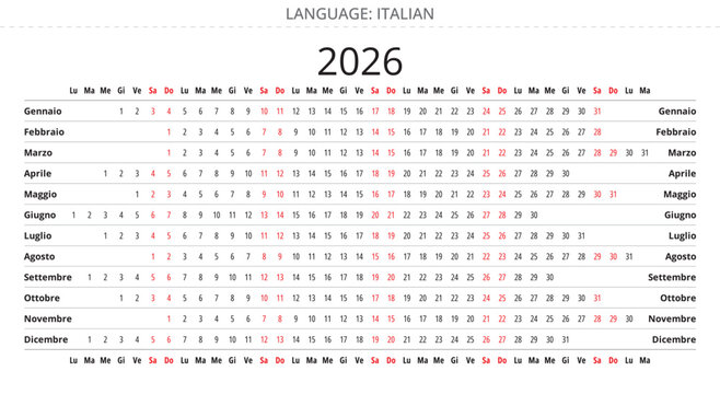 2026 italian linear planner calendar. Italy. Vector illustration