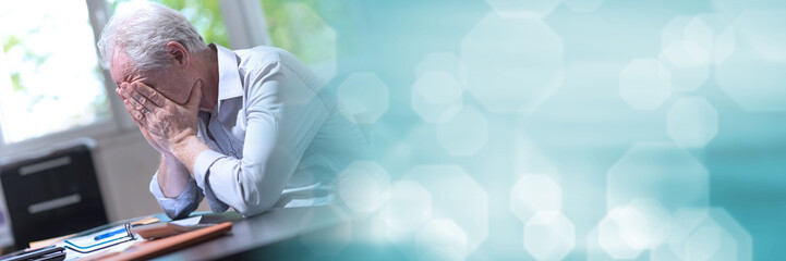 Stressed businessman sitting in office; panoramic banner