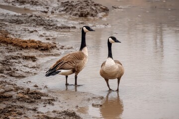 Obraz premium Two canada geese standing on a muddy pond bank with shallow water