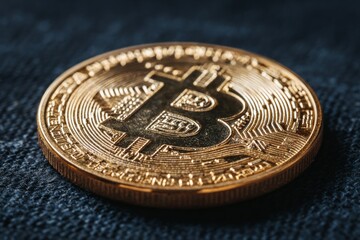 Gold bitcoin coin resting on a dark background, symbolizing decentralized digital currency