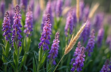 Obraz premium Purple flowers blooming in field with green leaves, wheat spike. Beautiful floral scene in natural setting with vibrant purple blooms, soft focus background. Floral beauty in serene outdoor
