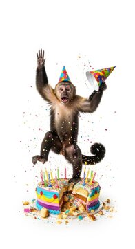 monkey bursting out of a birthday cake on a solid white background, dessert, celebration