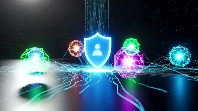 Futuristic digital security concept with glowing shield and particles