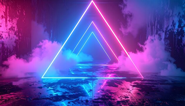 Abstract neon art with triangular light frames, surrounded by smoke in a darkened space, illuminated by purple and blue tones
