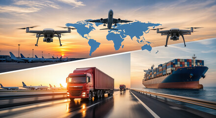 Integrated and innovative global logistics Air sea land and drone freight transport Future of the supply chain development and technology