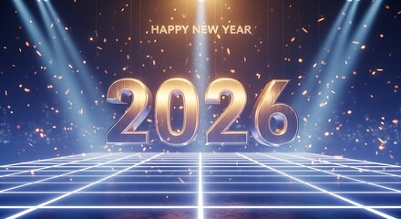Naklejka premium Happy New Year 2026 celebration with golden text and confetti background