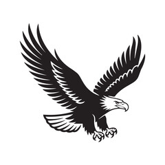 Obraz premium Black eagle in flight vector silhouette illustration with wings and feather is a symbolic tattoo design