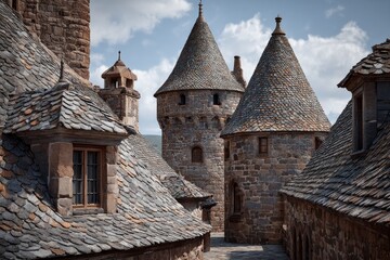 Castle turrets, stone walls, and slate rooftops showing medieval european architecture under a cloudy sky