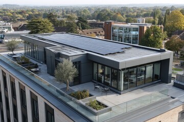 Modern penthouse unit creating clean energy on a rooftop terrace with urban background