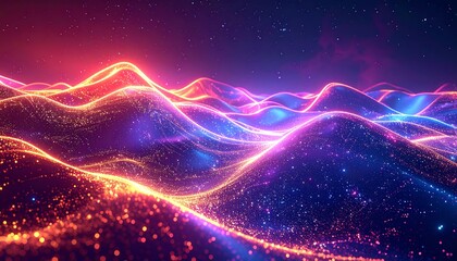 An abstract digital rendering of glowing, undulating waves bathed in vivid, neon-colored light against a starry backdrop
