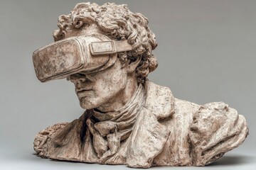 Naklejka premium Old sculpture wearing a vr headset, blending technology and art