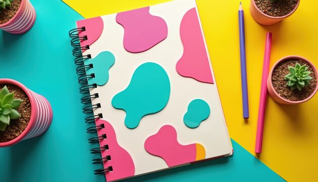 Colorful patterned notebook with a vibrant cover and lined pages for jotting thoughts and ideas. Two pencils and small potted plants rest nearby on a split background of bright yellow and teal. - Powered by Adobe