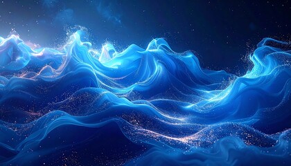 Abstract depiction of ocean waves created from glowing blue and white wisps, with a starry background