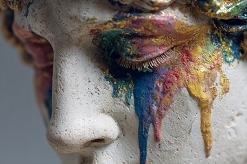 Close-up of a statue face with abstract colorful paint dripping like tears from its eye