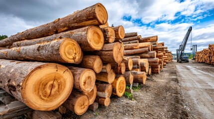 Lumber logs piled at industrial timber wood processing yard