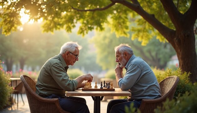 Two elderly men play chess outdoors on sunny day. They sit at table in chairs focused on game. Green trees provide shade and calm atmosphere. Friends enjoy board game strategy session. Leisure time.