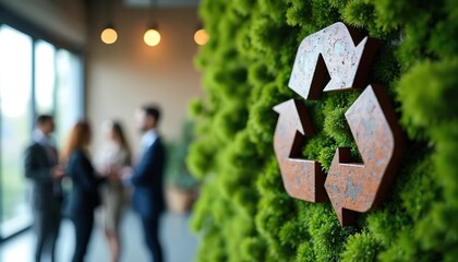 Office team discusses recycling plan near moss wall. Green initiative symbols show eco responsibility. Business collaborates for climate action sustainability.