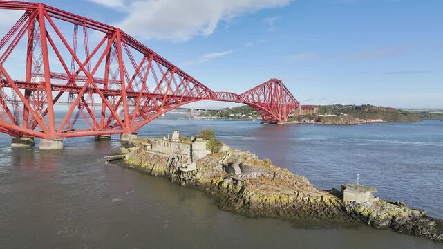 Inch Garvie Castle from a drone, Forth Bridge, Queensferry Crossing, Forth Estuary, Scotland