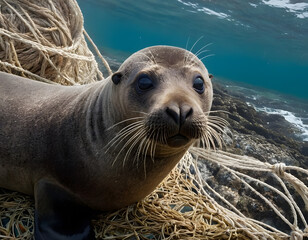 Obraz premium A fur seal was caught in a fishing net on the ocean shore. Close-up. Marine animal protection concept, sea lion on the beach