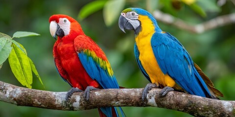 Scarlet and blue and yellow macaws perched on tree branch