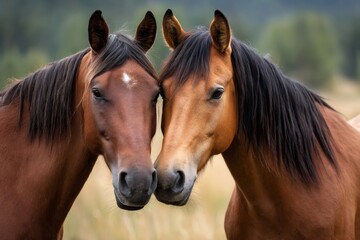 Obraz premium Horses bonding in field showing connection and affection