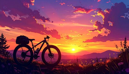 An anime-style landscape showcases a bicycle silhouetted against a vibrant sunset, with a backpack attached and wildflowers in the foreground
