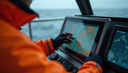 Man in orange jacket uses digital screen with navigation map on boat. He controls vessel with tech tools at sea. Ocean voyage, route planning, safety.