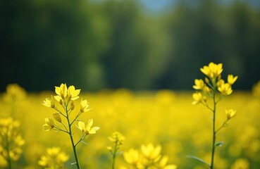 Obraz premium Close photo of yellow canola flowers in field. Bright rapeseed blooming in countryside. Blossoming spring flowers in natural environment. Sunny day in rural area.