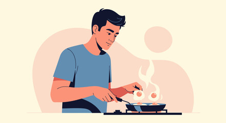 Man Preparing Fried Eggs For Breakfast At Home In His Kitchen