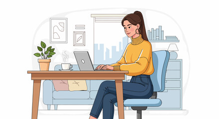 Woman Working From Home Comfortably At Desk With Laptop