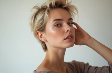Obraz premium Blond young woman with short hair poses for beauty portrait in studio. Female model fresh glowing skin, natural make up. Looks at camera, showing modern hairstyle, youthful appeal. Elegant look.