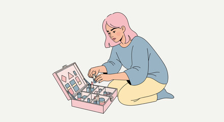 Young Woman Organizing Her Makeup Collection in a Cosmetic Case