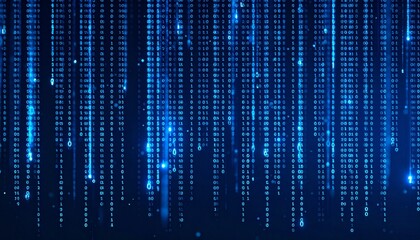 Blue digital rain of binary code cascading vertically, glowing and futuristic.