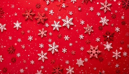 Red background with scattered snowflakes in white and red, festive and symmetrical.