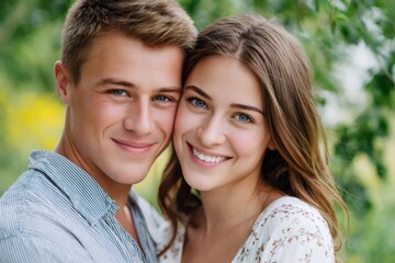 Obraz premium Young couple smiling together, looking at camera