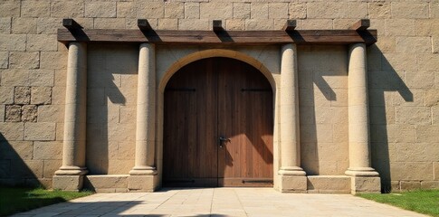 Fortress Gate Sentinel of the Realm A close up, low angle shot of a monumental stone fortress gate. A heavy, iron reinforced wooden drawbridge is lowered, and a formidable portcullis is partially